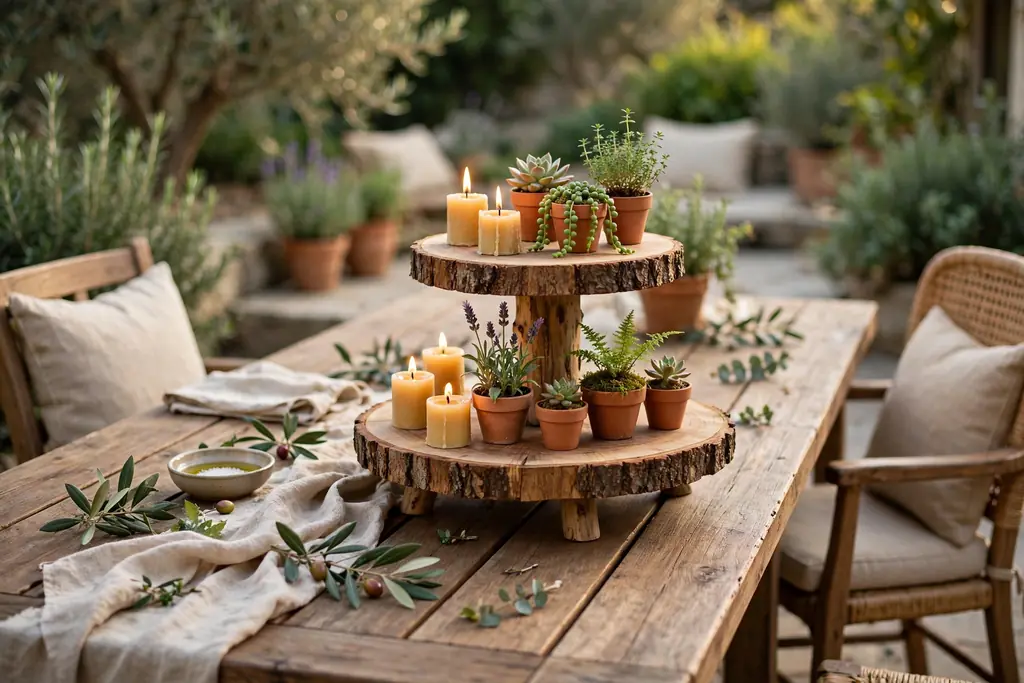 Two tier wood slice stand with short candles and small potted plants at the end of an outdoor table.