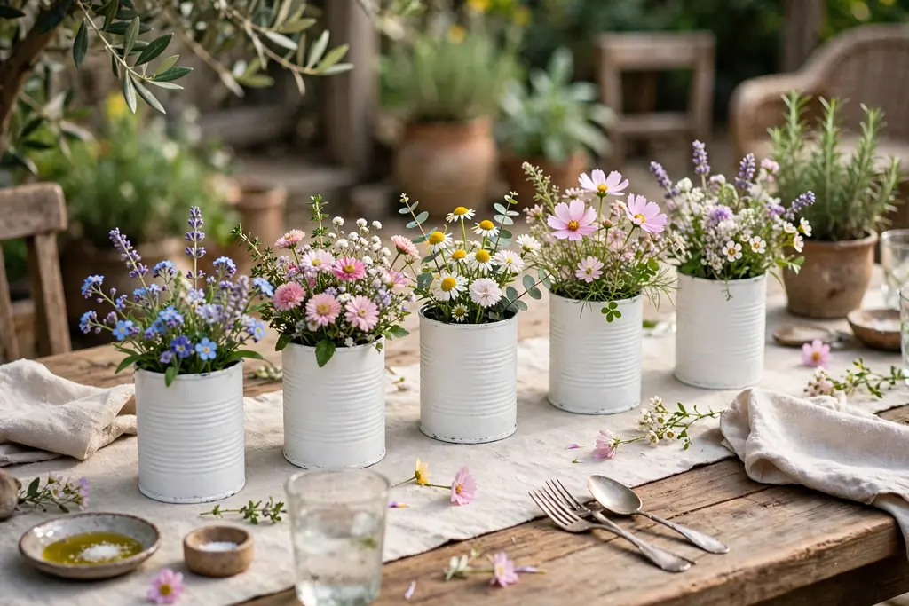 Painted tin cans filled with short garden flowers set down the center of a casual outdoor table.
