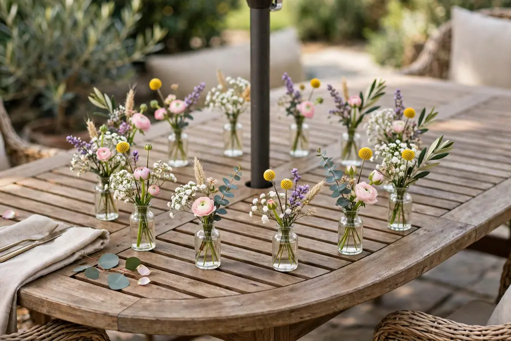 Small bud vases with short stems arranged in a ring around an umbrella pole on a patio table.