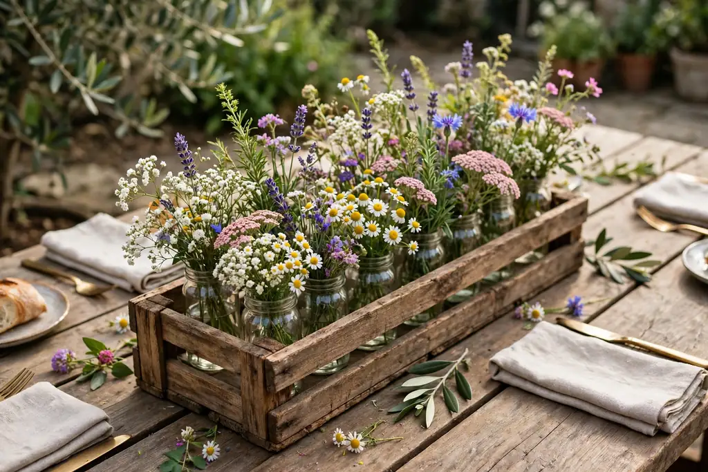 Small jars of wildflowers set in a low wooden crate down the center of an outdoor gathering table.