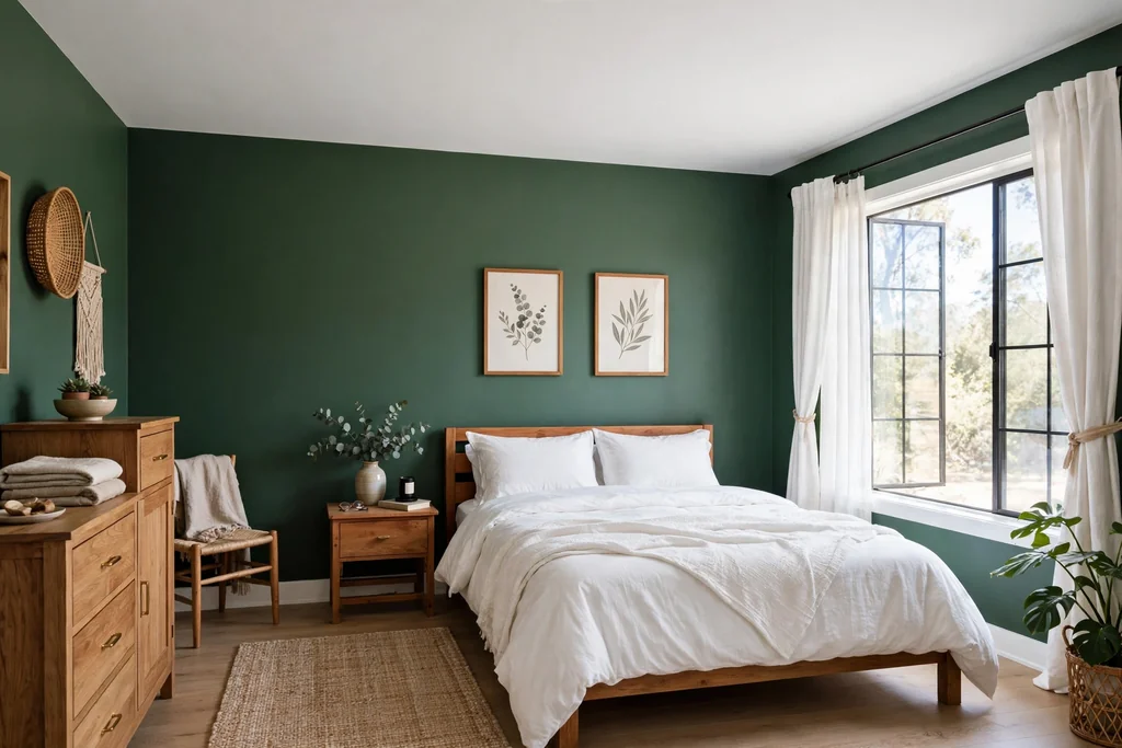 Bedroom with deep green walls and a crisp white ceiling above a bed with white bedding.