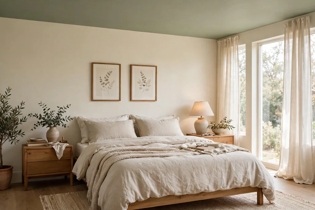 Bedroom with a soft sage green painted ceiling, cream walls, and natural linen bedding.