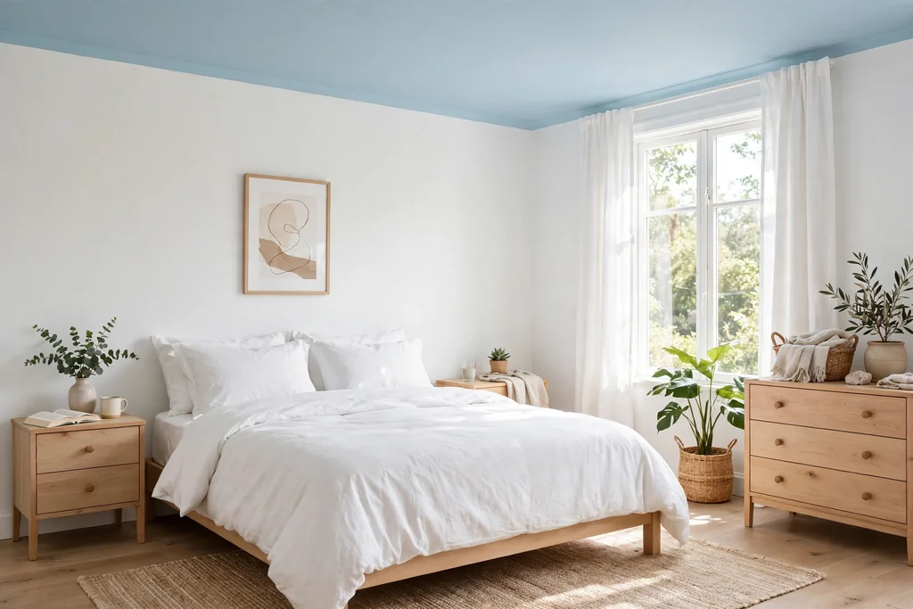 Bedroom with a pale sky blue painted ceiling, white walls, and a bed with white bedding.