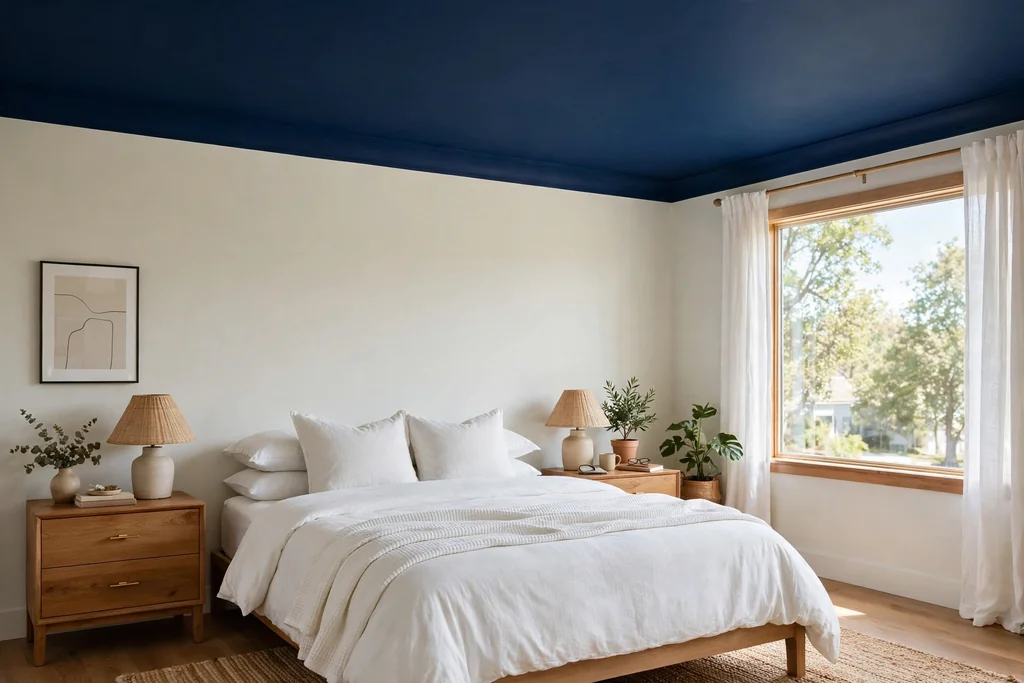 Bedroom with a deep navy painted ceiling, pale walls, and white bedding.