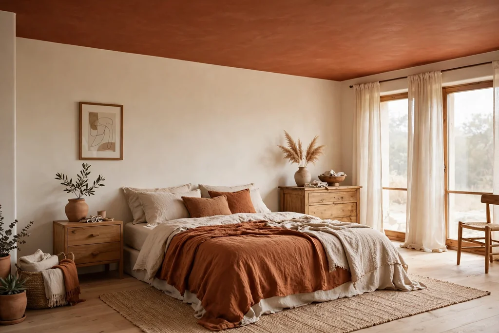 Bedroom with a warm terracotta painted ceiling, cream walls, and rust and linen bedding.