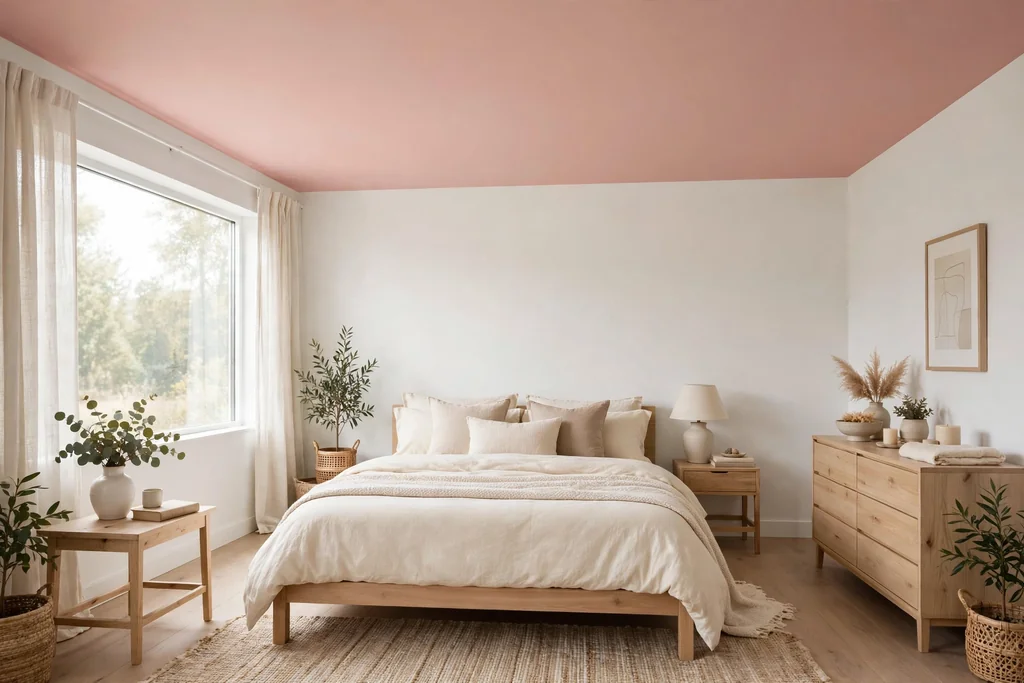 Bedroom with a blush pink painted ceiling, white walls, and light wood furniture.