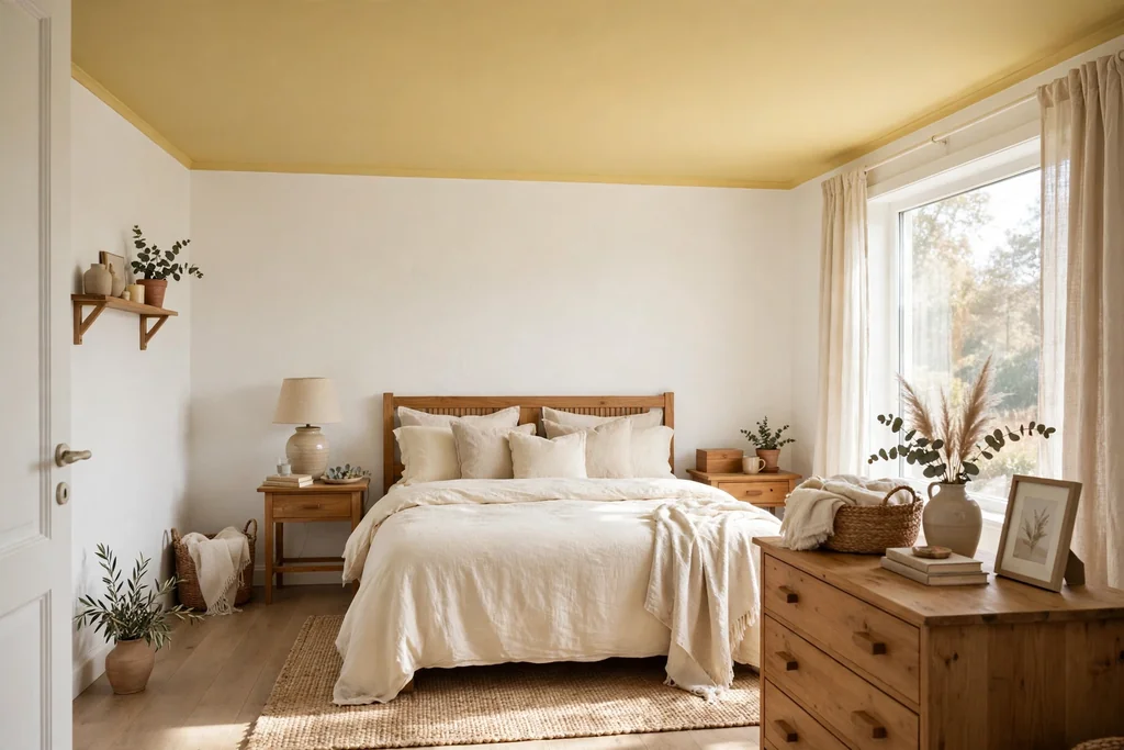 Bedroom with a butter yellow painted ceiling, white walls, and cream bedding.