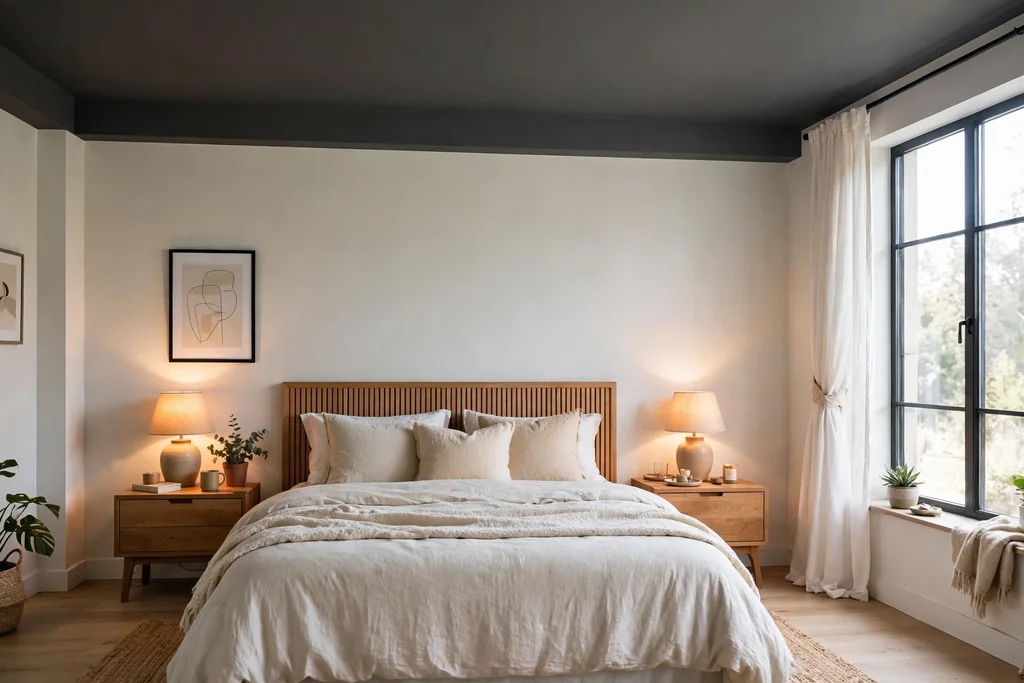 Bedroom with a charcoal grey painted ceiling, pale walls, and light bedding.