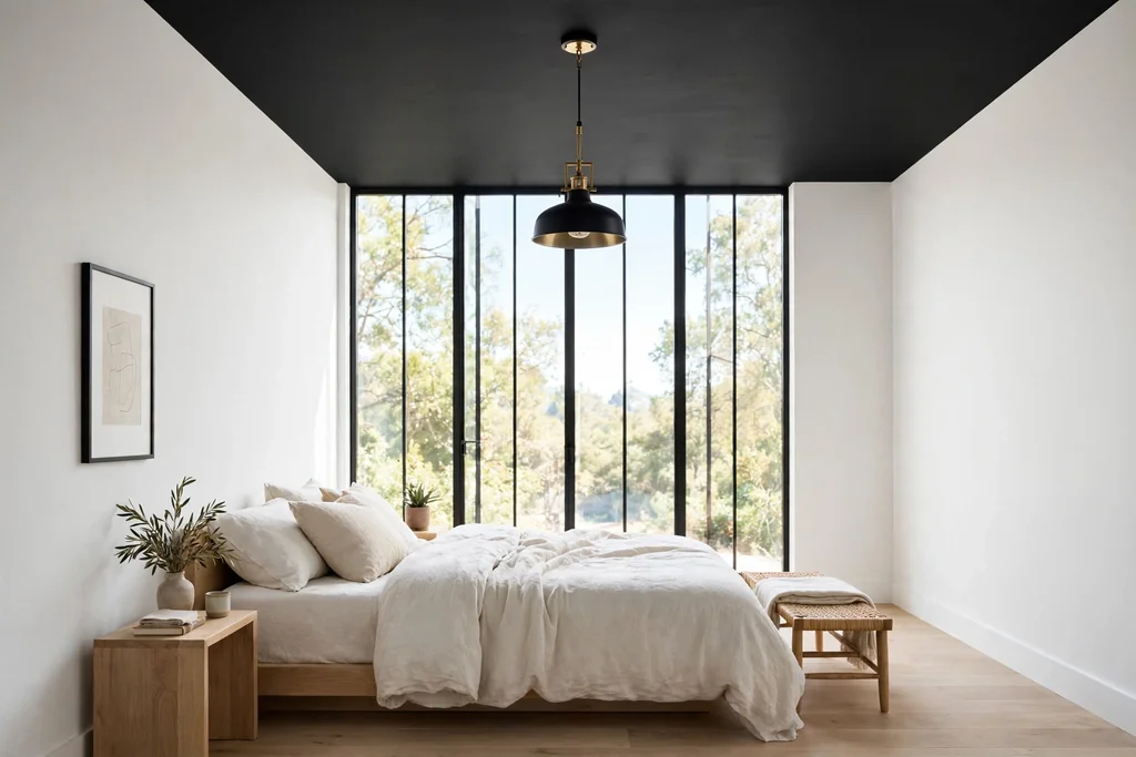 Bedroom with a matte black painted ceiling, white walls, and light bedding.