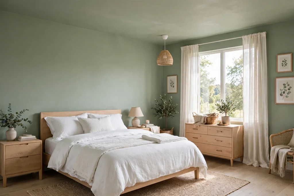Bedroom with walls and ceiling painted in the same soft sage green color.