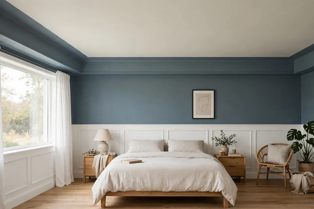 Bedroom with a two tone ceiling and a painted band at picture rail height.