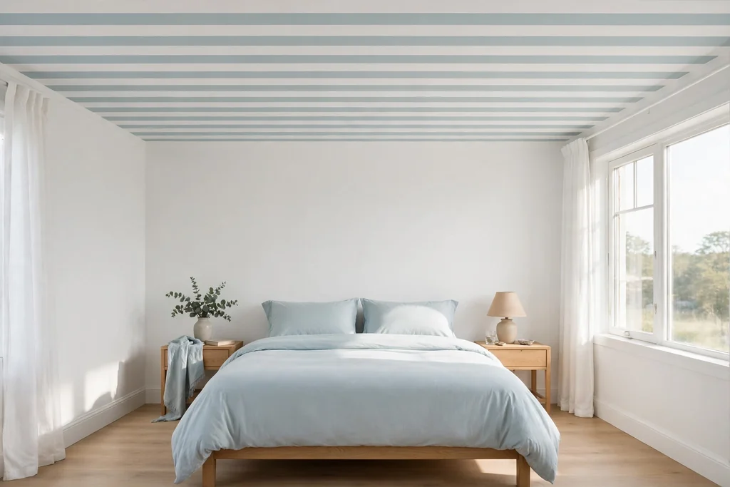 Bedroom with white and pale blue painted stripes across the ceiling.