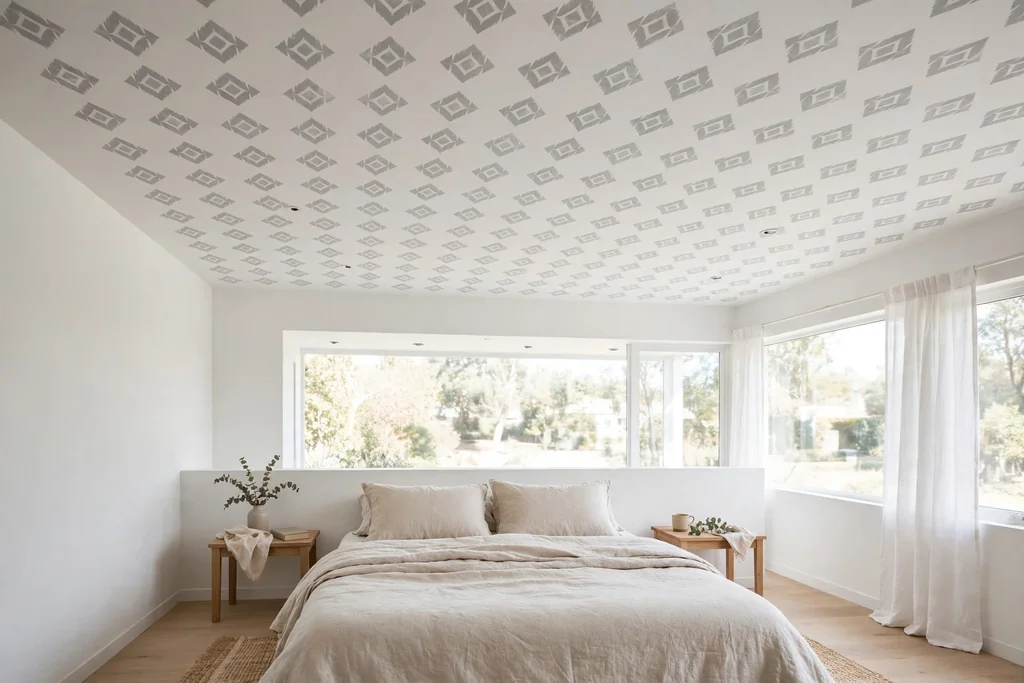 Bedroom ceiling with a repeating stenciled diamond pattern in a soft grey tone.