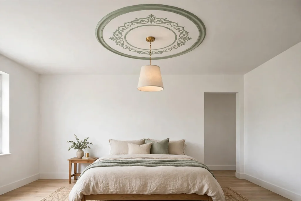 Painted circular medallion in sage green on a white bedroom ceiling around a pendant light.