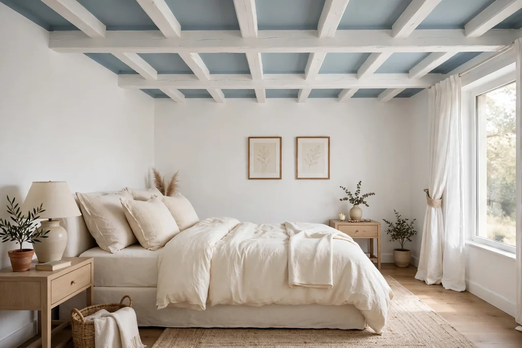 Bedroom with white painted wooden beams against a soft blue painted ceiling.