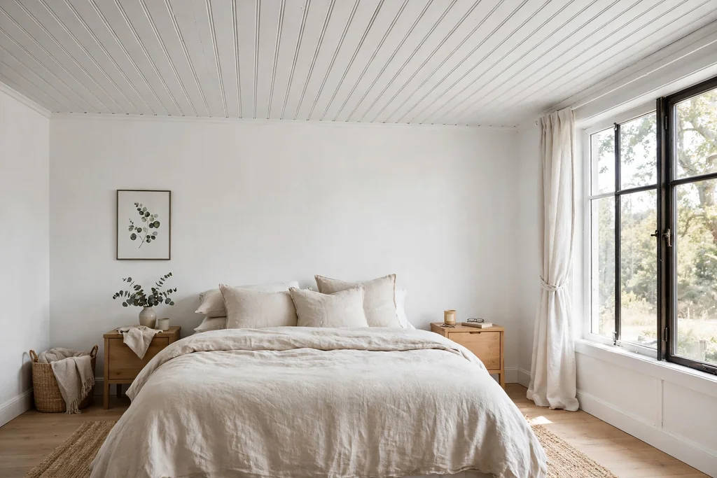 Bedroom with a white painted plank ceiling and linen bedding.