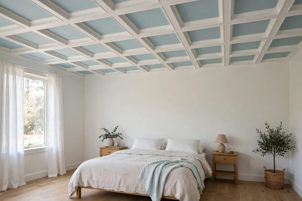 Bedroom with a coffered ceiling with contrasting pale blue inset panels and white frames.