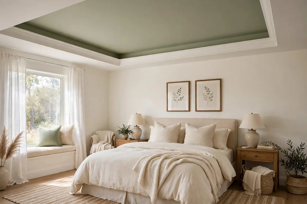 Bedroom with a tray ceiling with an accent sage color painted on the inner panel.