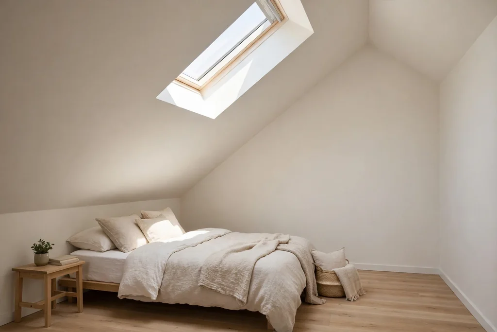 Bedroom with a sloped vaulted ceiling painted in one soft warm white tone.