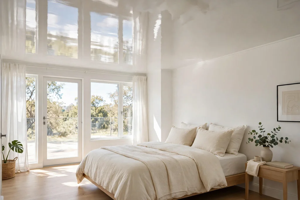 Bedroom with a pale high gloss painted ceiling reflecting window light.