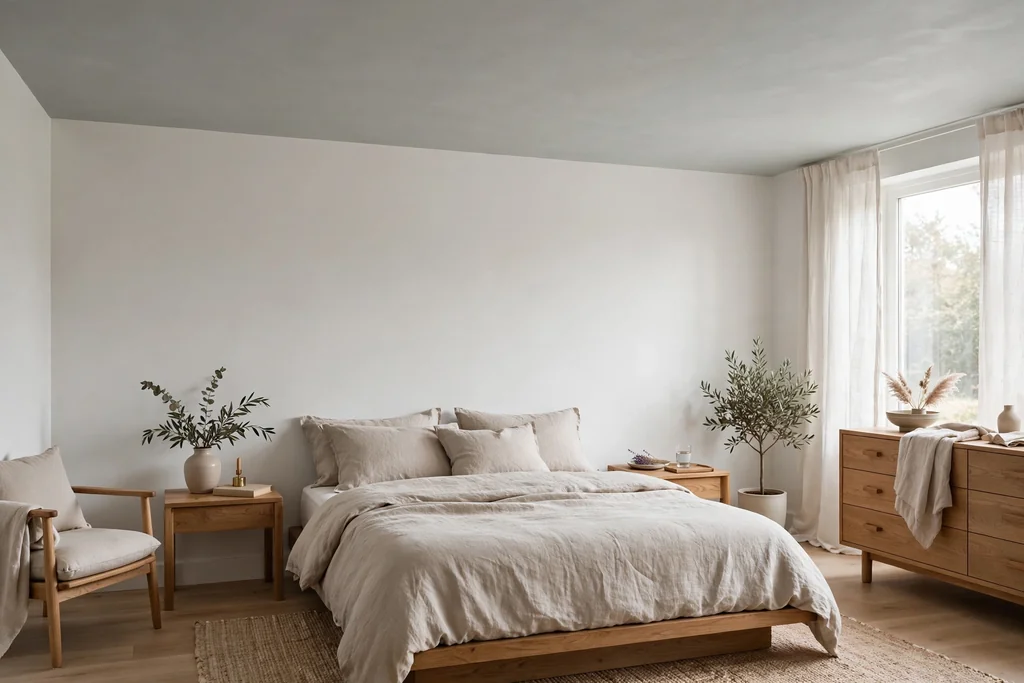 Bedroom with a soft matte chalk finish ceiling in a muted pale grey tone.