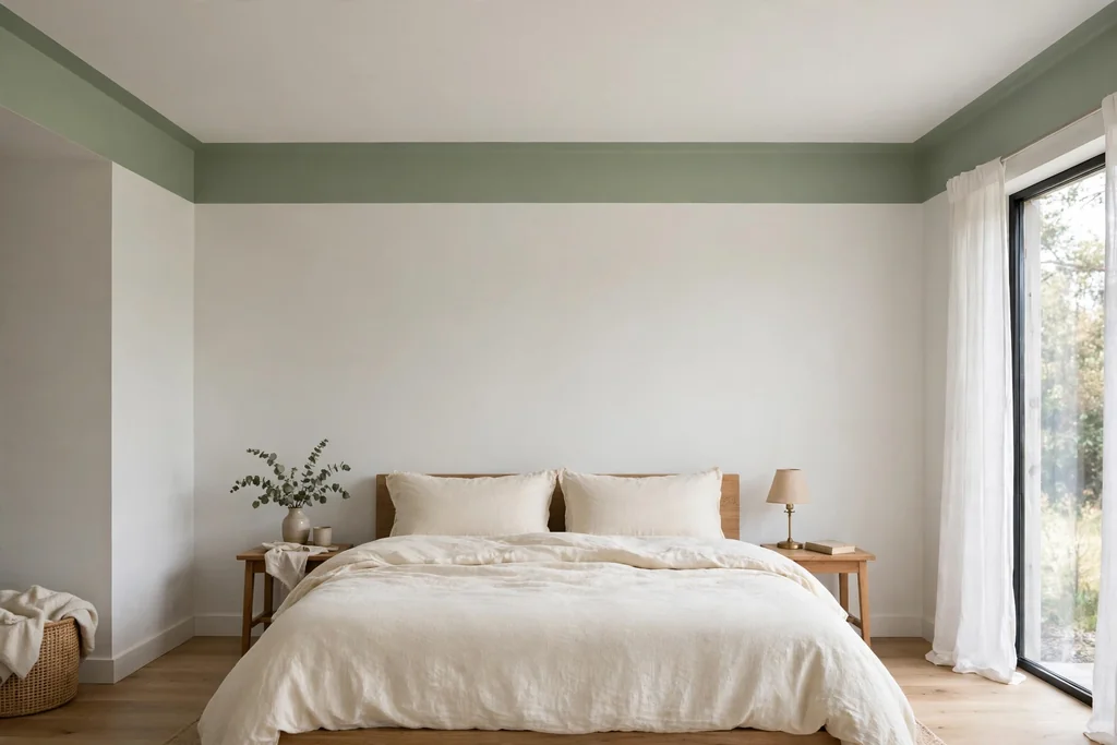 Bedroom ceiling with a painted sage border band around the edge.