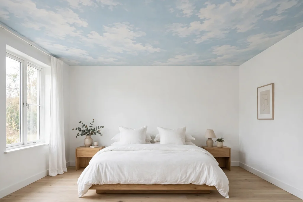 Bedroom ceiling painted as a soft cloud mural on a pale blue base.