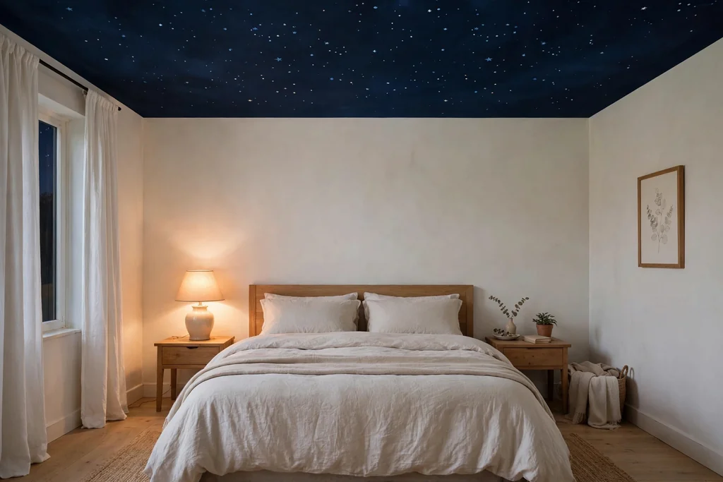 Bedroom ceiling painted as a dark night sky with small painted stars.