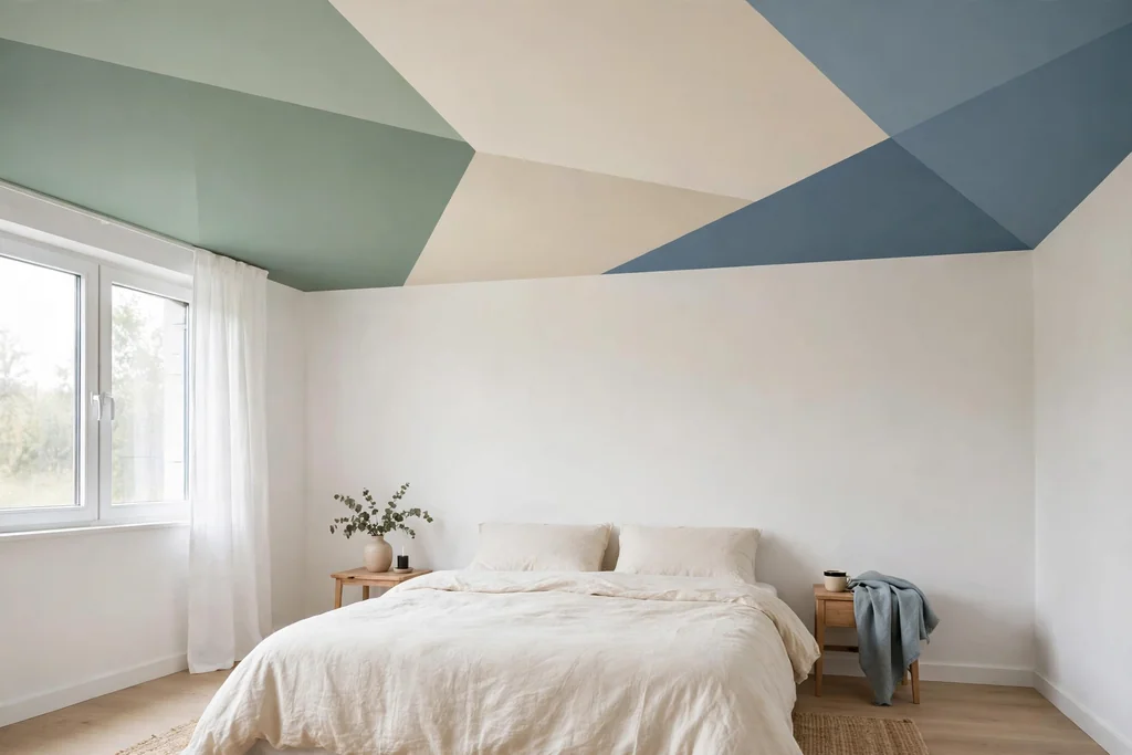 Bedroom ceiling with large geometric color blocks in sage, cream, and dusty blue.