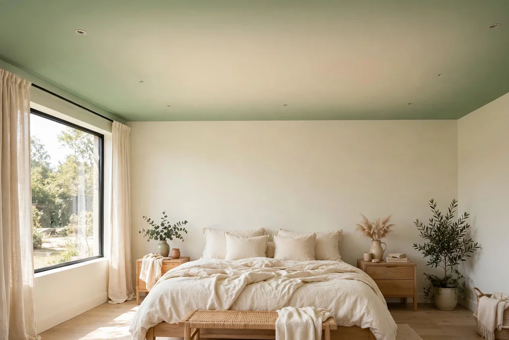 Bedroom ceiling with an ombre gradient fading from sage at the edges to pale cream in the center.