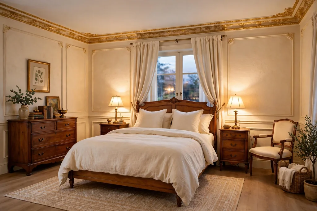 Bedroom ceiling with gold painted trim on the cornice molding.