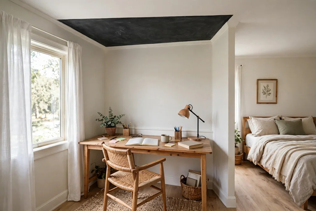 Bedroom desk corner with a dark chalkboard painted ceiling panel above the desk.