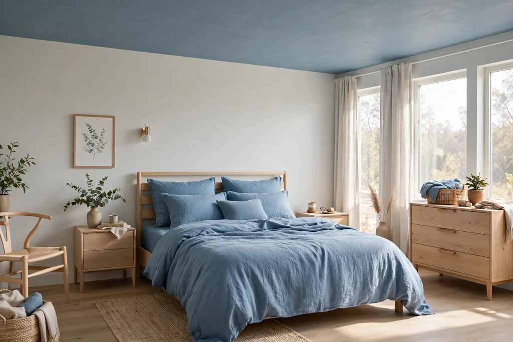 Bedroom ceiling painted in a soft dusty blue accent color matched to the bedding.