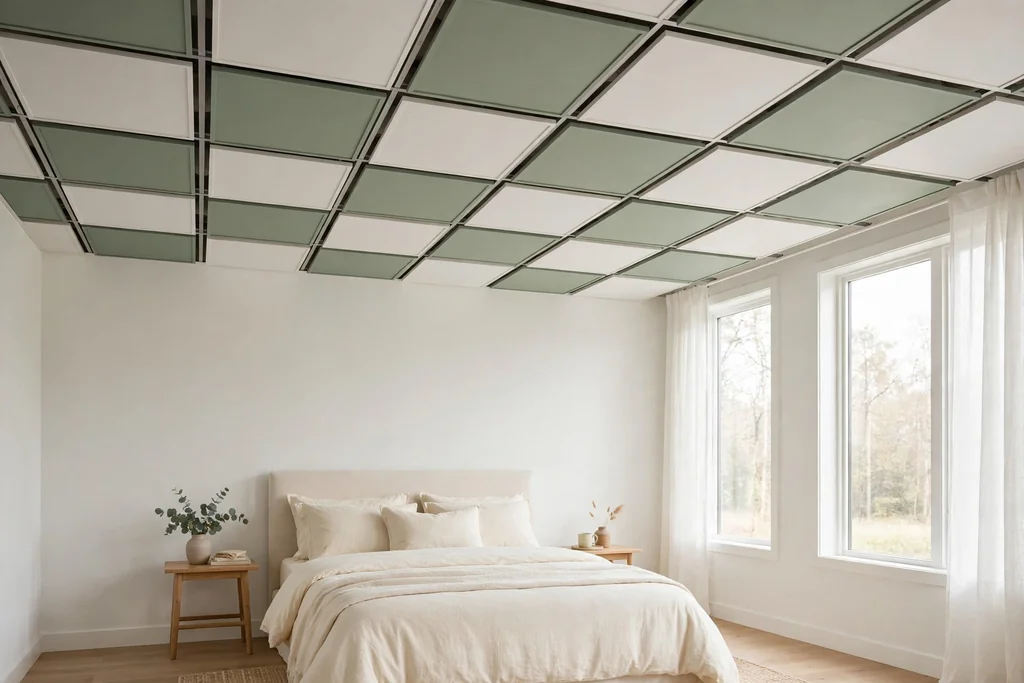 Bedroom with removable painted ceiling panels fitted in a grid of sage and white boards.