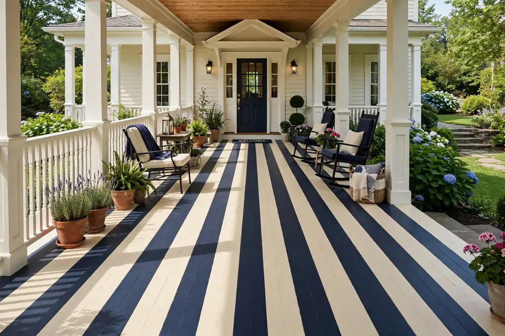 Long front porch with alternating navy accent boards on a cream painted floor.