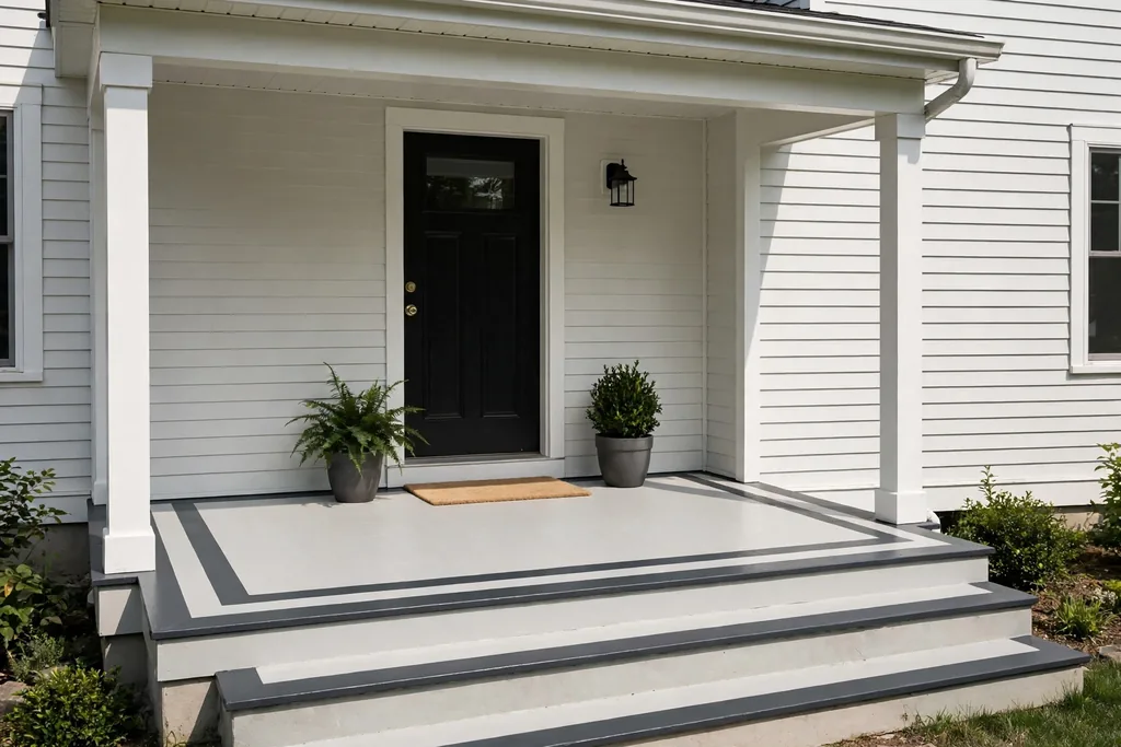 Front porch with a pale floor and a dark charcoal painted border frame around the edge.