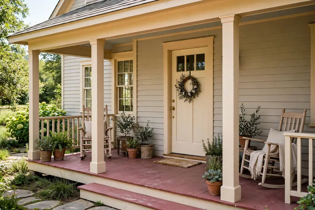Farmhouse porch with a muted brick red painted floor, warm white trim, and a cream front door.