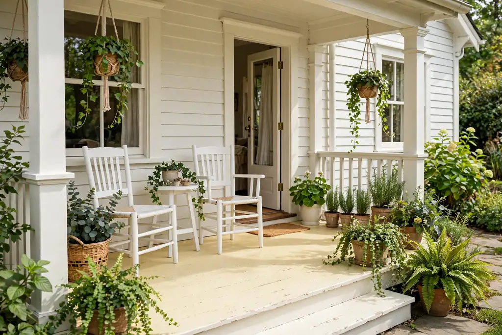 Cottage porch with a soft butter yellow painted floor, warm white trim, and white chairs.