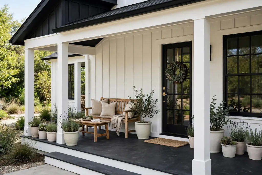Modern farmhouse porch with a dark charcoal painted floor, white trim, and pale planters.