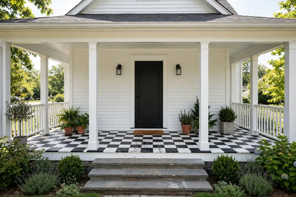 Wide front porch with a black and white checkerboard painted floor and a plain front door.