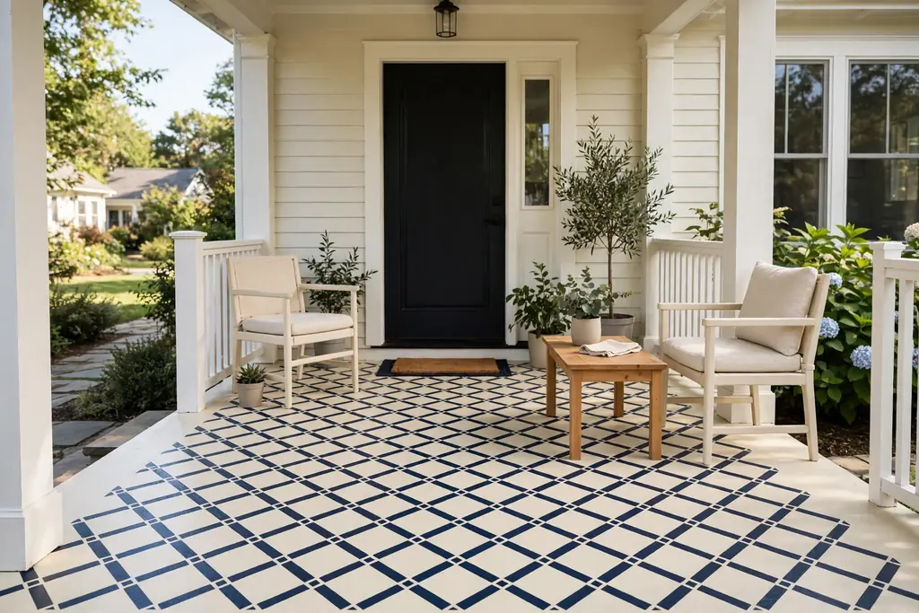 Front porch with a navy diamond lattice stencil painted on a cream floor.