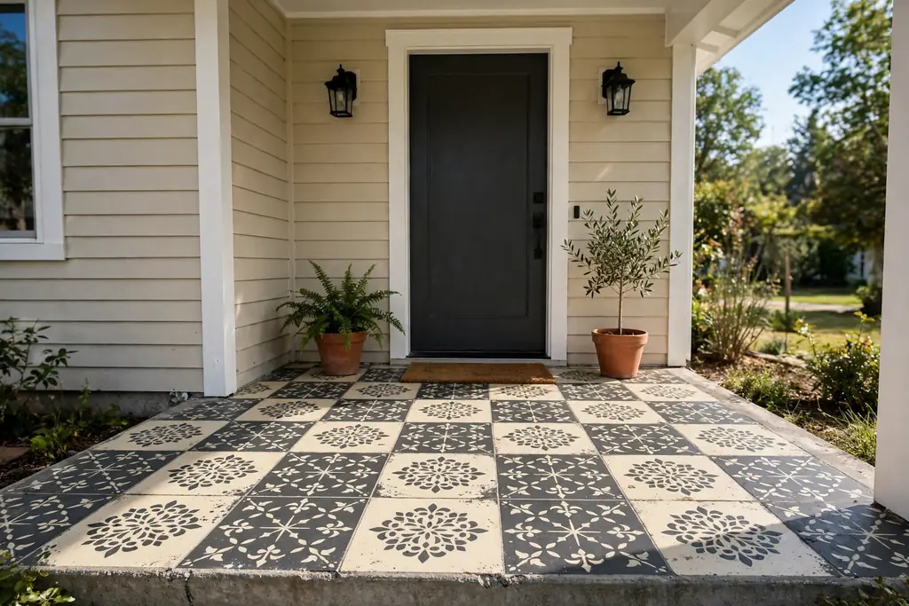 Concrete porch with cream and charcoal faux tile squares painted with a stencil.