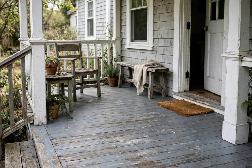 Older wood porch with a weathered grey wash painted floor showing wood grain and simple wood furniture.