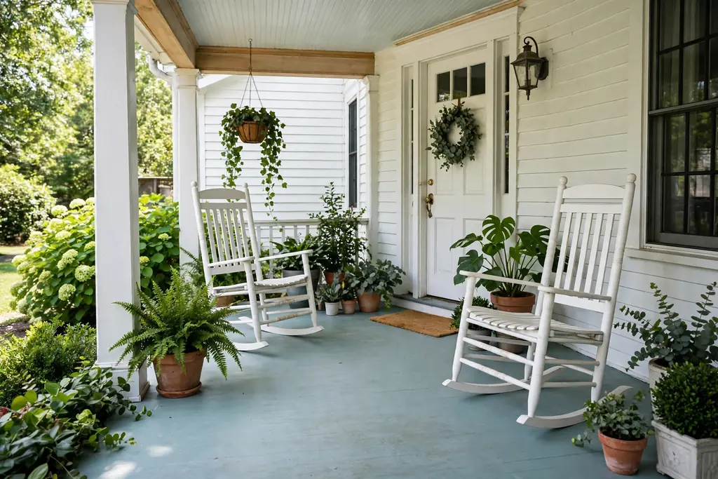 Front porch with a pale blue green haint blue painted floor, white rocking chairs, and green plants.
