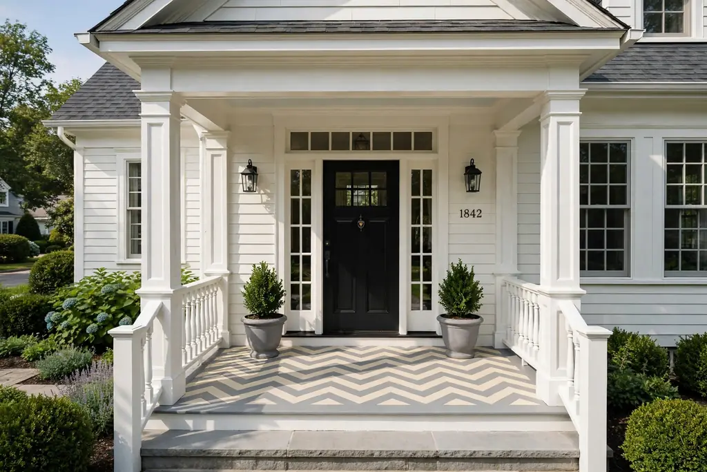Formal front porch with a herringbone painted pattern in cream and soft grey.