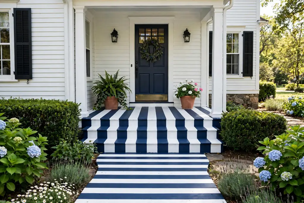 Front porch with wide navy and white striped painted floor boards leading to the front door.