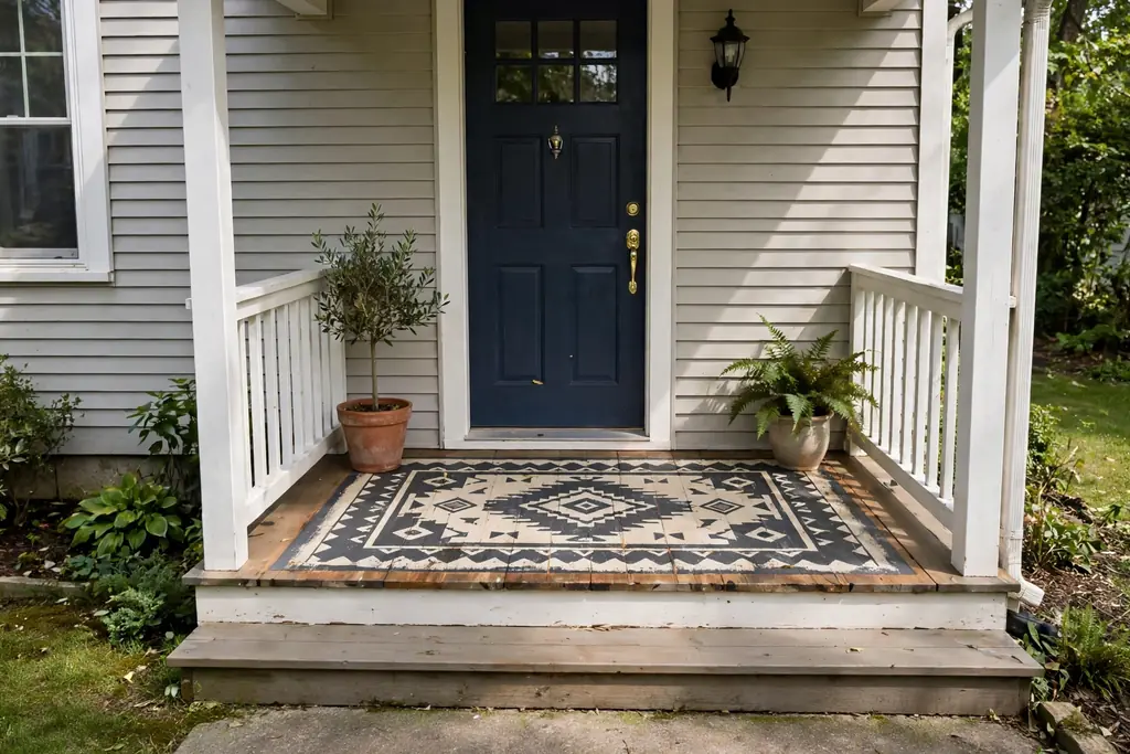 Small front porch with a painted rug rectangle in charcoal and cream on the floor at the door.