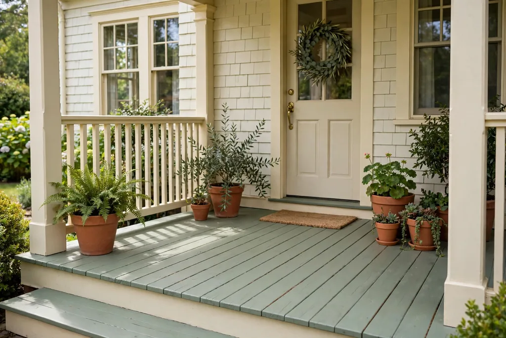 Front porch with soft sage green painted floor boards, cream trim, and terracotta pots.