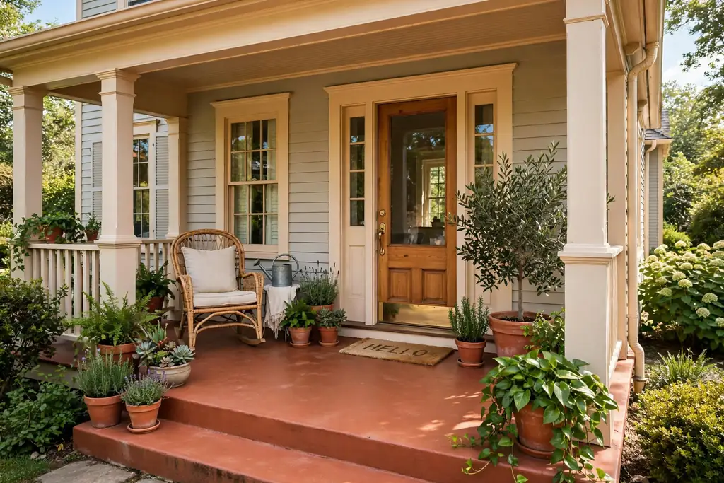 Front porch with a warm terracotta painted floor, warm white trim, and green plants.