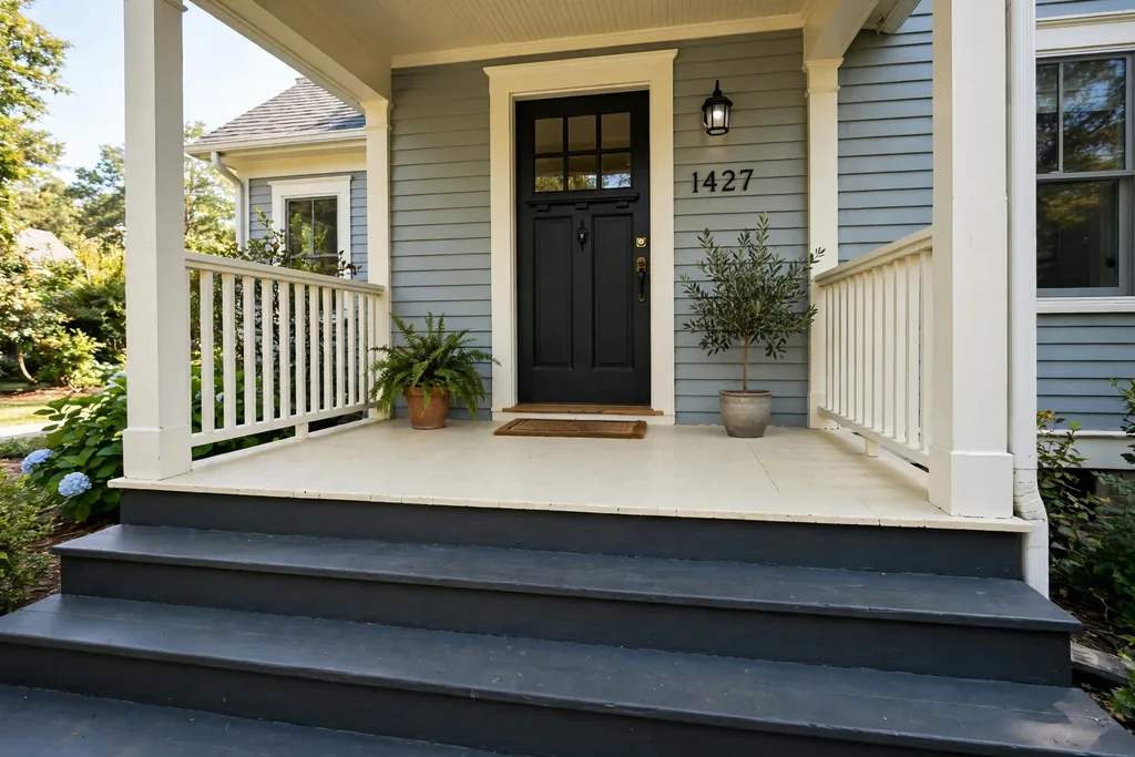 Front porch with a cream painted floor and darker charcoal painted steps leading to the door.